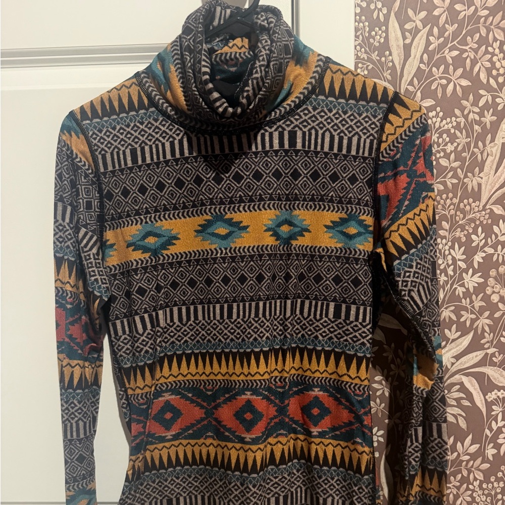 Burton Multicolor Geometric Turtleneck Sweater — Mustard, Teal, Rust, Black